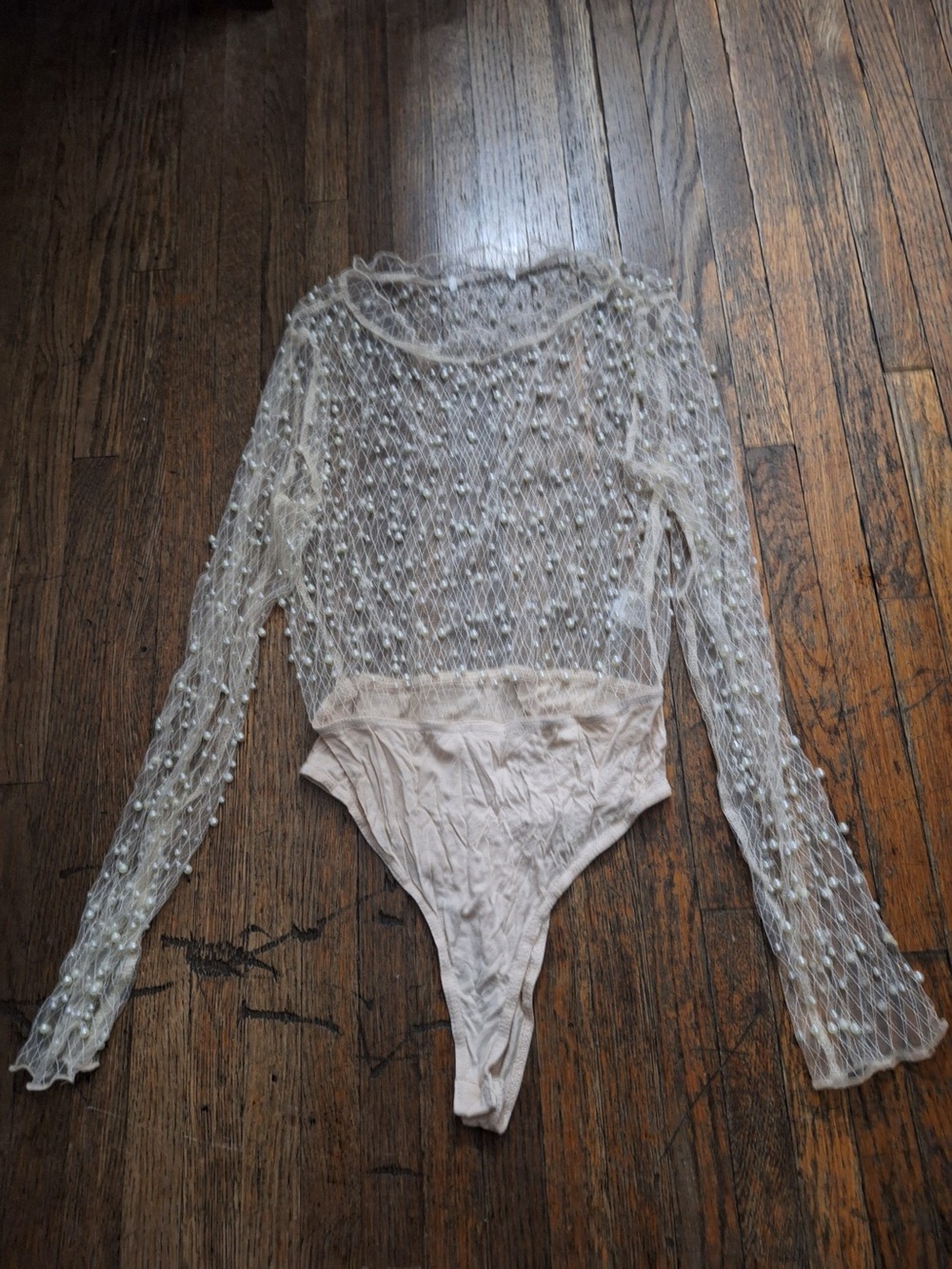 Sheer Pearl-Embellished Long Sleeve Bodysuit - Ivory